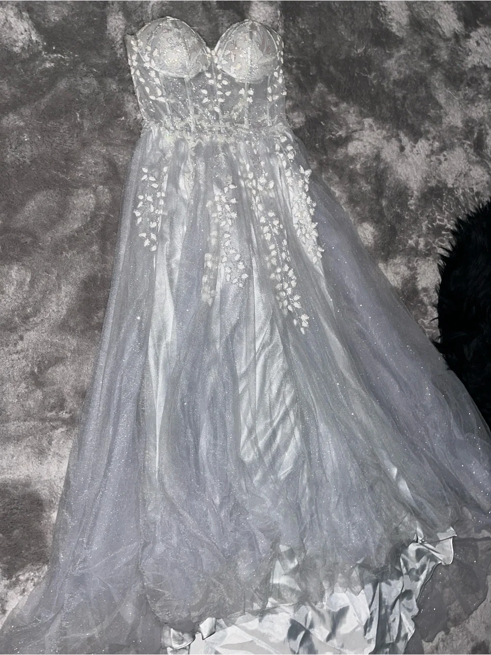 Girls Silver Strapless Tulle Party Dress with Lace Appliqué